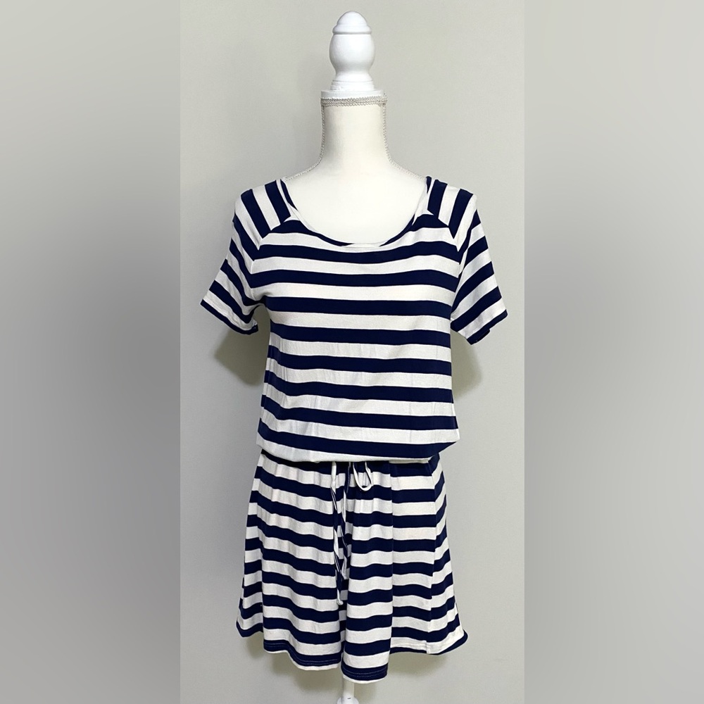 Isaac Mizrahi Womens M Blue White Stripe Dress Boho Coastal Grandma Preppy Fall